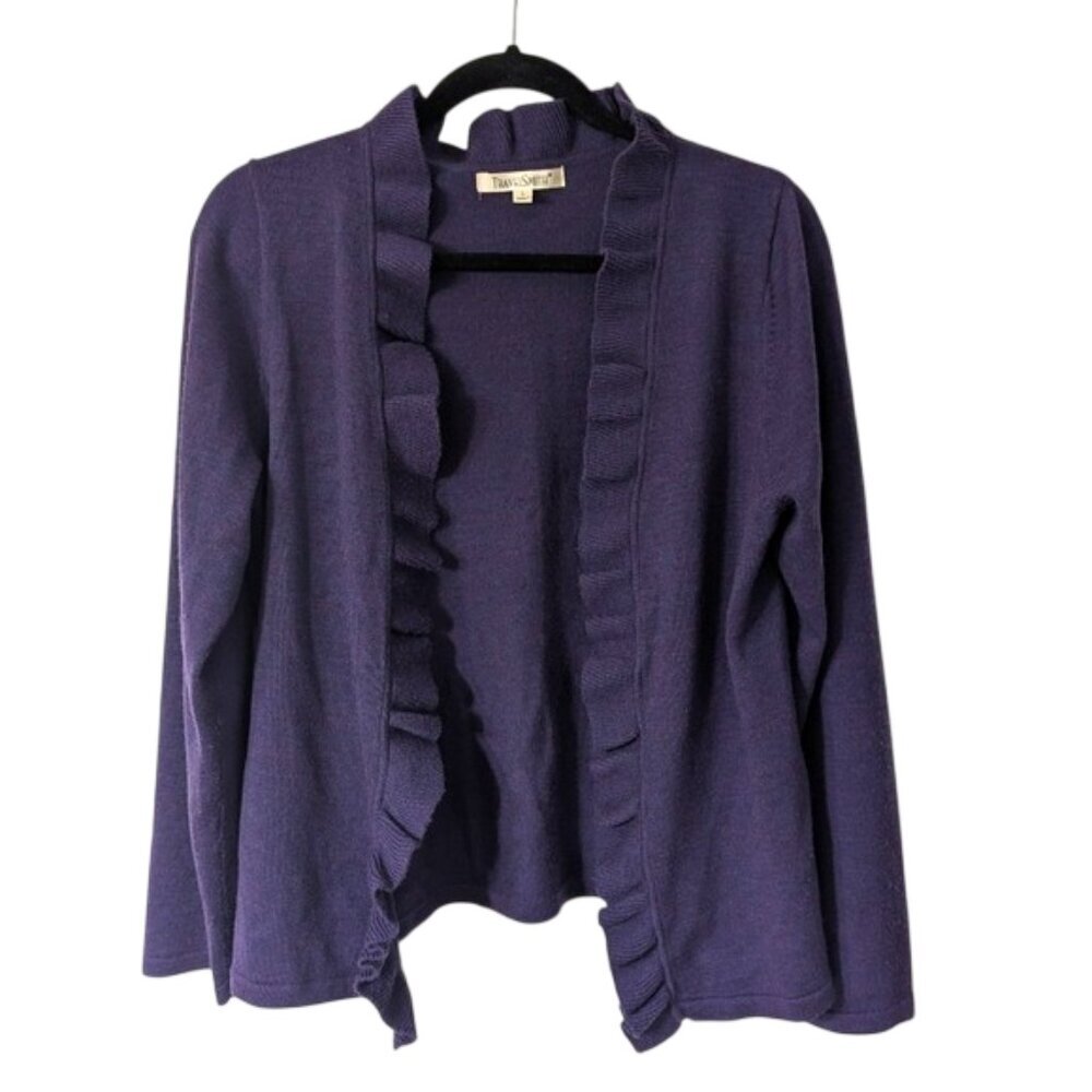 Like New TravelSmith‎ Purple Ruffle Open Front Cardigan Size L